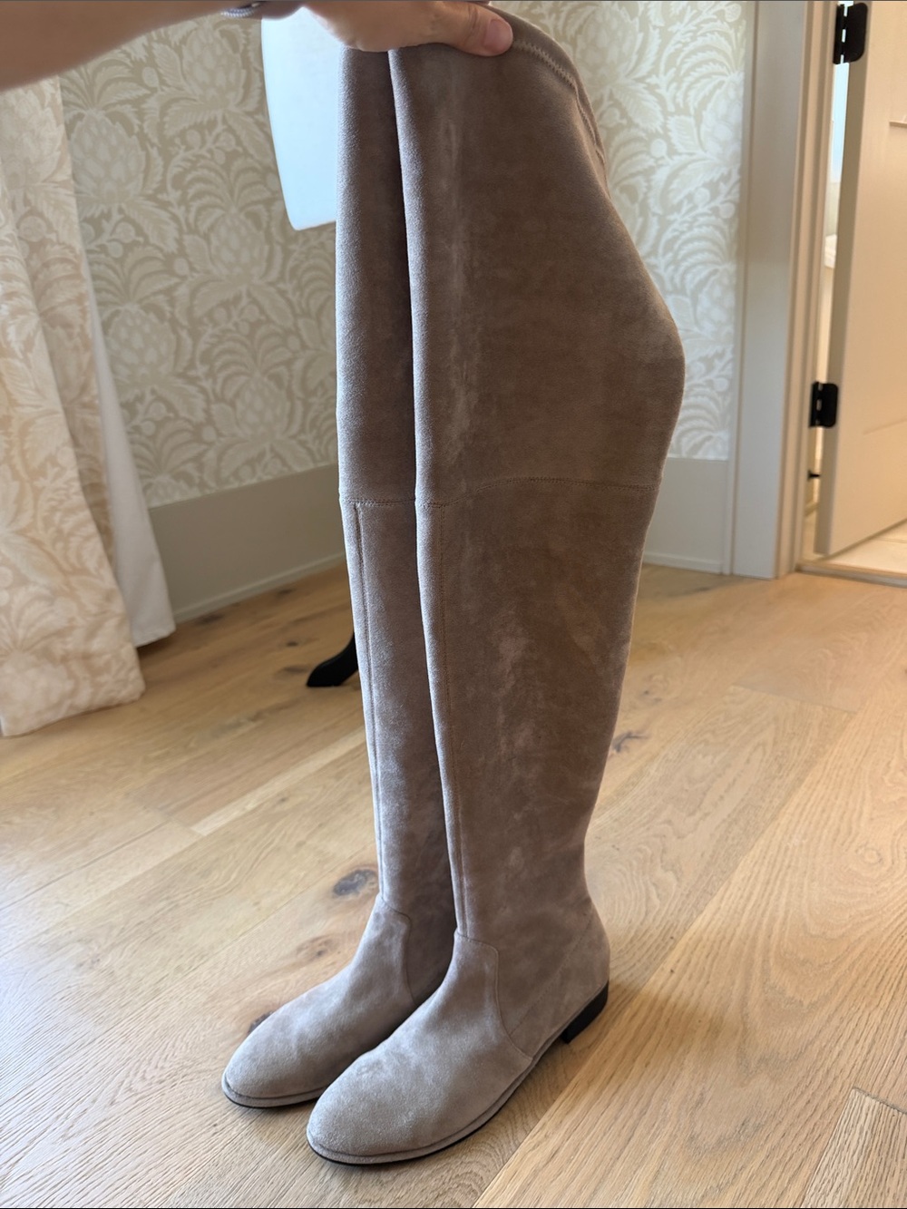 Over-the-Knee Suede Boots in Taupe — Sleek Stretch Fit